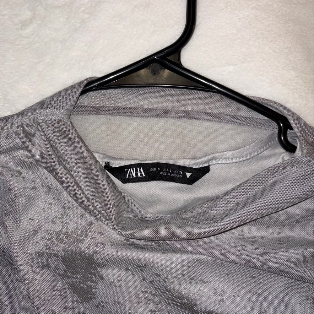 Zara Metallic Silver Mesh Long Sleeve Top